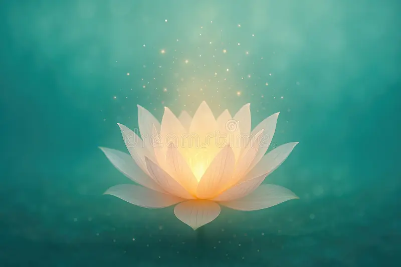 Glowing white lotus flower with golden light center against turquoise background with sparkling light effects